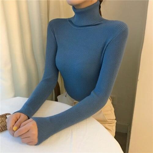 Knitted Ribbed Pullover Sweater Long Sleeve Turtleneck Slim Jumper Soft Warm Pull Femme 2020 Autumn Winter Thick Sweater Women
