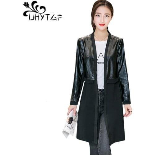 UHYTGF Spring leather jacket female fashion splice leather cardigan coat Long sleeve black Slim womens jacket plus size top 463