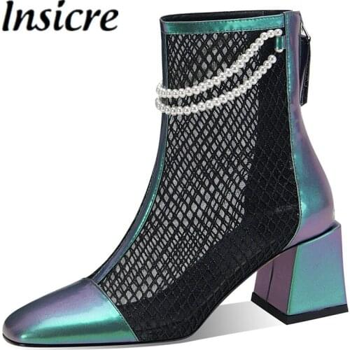 Insicre Women Ankle Boots Patent Leather Square Toe Beaded Zipper Patchwork Mesh 2021 Fashion Autumn Thick High Heel Shoes Black