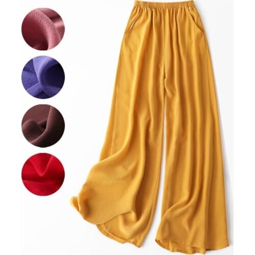 Women Summer Summer 100% Natural Silk Pants Silk Loose Style Trousers Work Wear Fashion Holiday wide leg Black Silk Pants