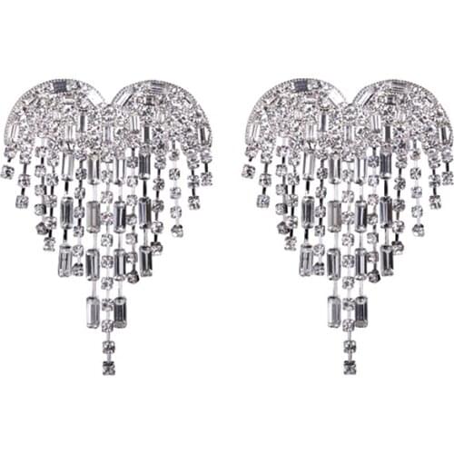 New Design Silver Heart Dangle Hanging Crystals Stone Rhinestones Long Drop Tassel Earring For Women Jewelry brincos bijoux