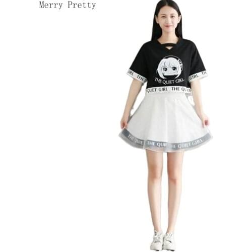 Womens Sets Cartoon Pinted Short Sleeve Crop Tops With MeshPatchwork Mini Skirt A-Line Set Sweet Style 2020 Spring 2 Piece Set