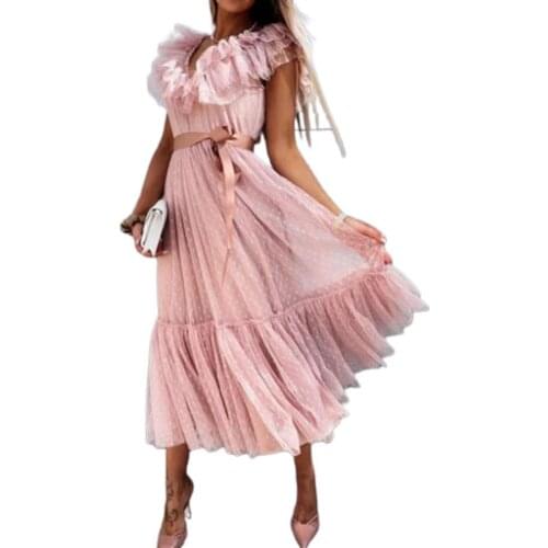 Summer Dress Formal Dress V Neck Pleated Women Short Sleeve Belt Large Hem Dress Short Sleeve Belt Large Hem Women Dress 2021