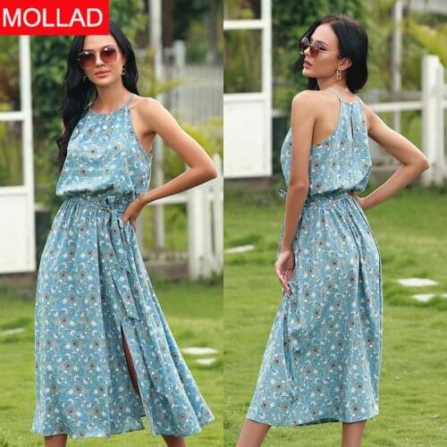 2021 European and American Spring and Summer Elegant Graceful Halter Floral Split Dress Vacation Skirt Women