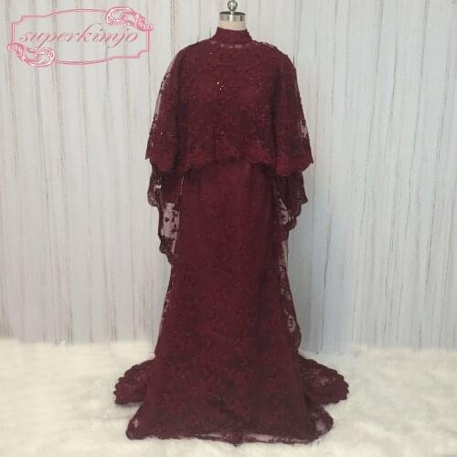 SuperKimJo High Neck Lace Burgundy Evening Dresses Lebanon Dubai Muslim Kaftan Long Sleeve Prom Dresses with Rhinestones