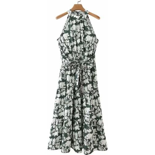 YENKYE Vintage Floral Print Halter Dress Women Sexy Sleeveless Sashes Holiday Long Dress Female Summer Vestido Plus Size