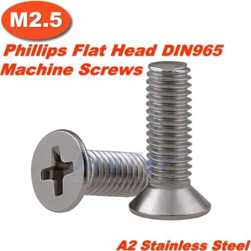 100pcs/lot DIN965 M2.5(2.5mm) A2 Stainless Steel Phillips Flat Head Machine Screws