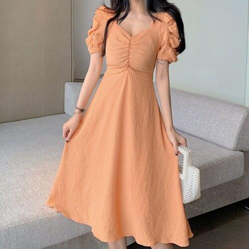 2021 New Restore Ancient Ways Medium Long Super Immortal Careful Machine Puff Sleeves Slim Slim V Neck Chiffon Dress Girl