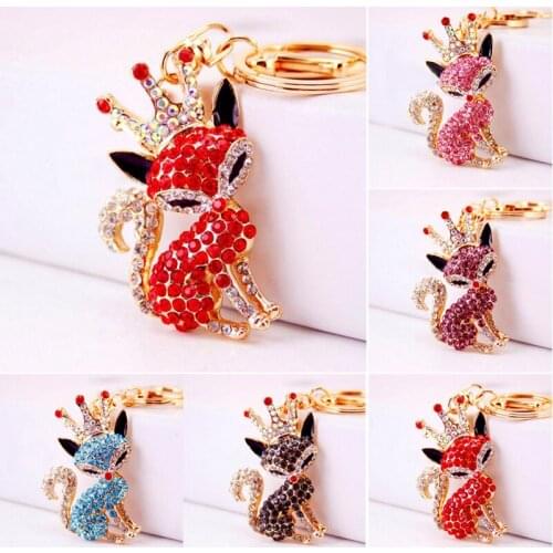 Cute Fox Keychain Women Hot Shining Crystal Crown Fox Key Jewelry Pendant Holder Cartoon Fox Rhinestone Gifts Bag Car Key Ring