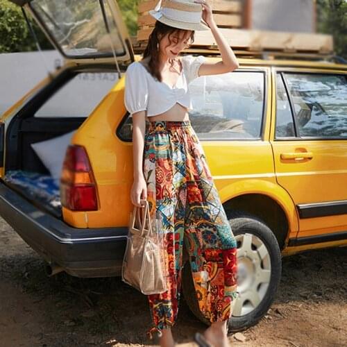 Women Trousers Bohemian Wide Leg Pants Summer Trousers Streetwear Summer Beach Pants S M L