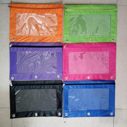 Hot sell 300pcs/lots Zippered Binder Pencil Pouch 3 Ring Rivet Enforced Hole School Pen Case Desktop Storage Bag