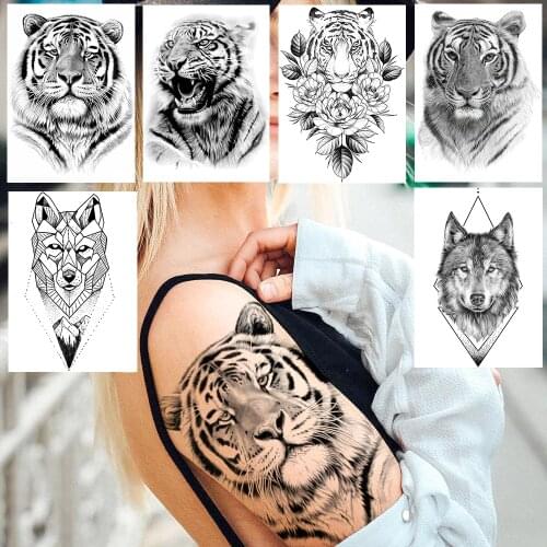 Black Tiger Temporary Tattoos Sticker Realistic Fake Geometric Flower Wolf Tattoos For Women Men Body Art Arm Tattoos For Party