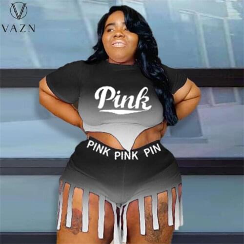 VAZN 2021 Plus Size Asymmetrical Set Letter Tassel Sexy High Street Style Short Sleeve Short Pants Slim Women 2 Piece Set