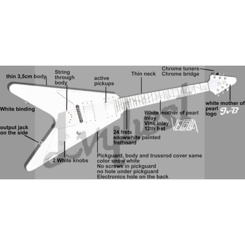 Customized body and headstock V shape electric guitar,white finished,flower vine inlay,with battery box on body back, own logo