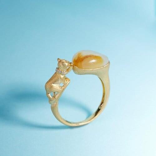 Chinese Design-Cat Natural Hetian Jade White Jade Ring Jade Pebble Diamond Open Ring Female S925 Sterling Silver Gold Plated