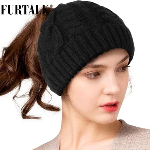 FURTALK Winter Ponytail Beanie Hat for Women Knitted Messy Bun Ponytail Hat Ladies Outdoor Runner Sports Hat for Female