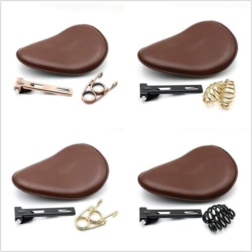 Motorcycle Retro Leather Old School Solo Saddle Seat Brown+3" Spring Bracket Mounting Base for Harley Cafe Custom Chopper Bobber