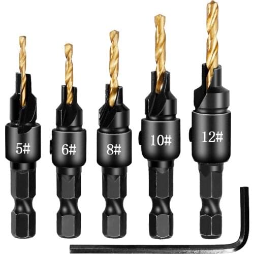 4/5pc HSS Woodworking Countersink Drill Bits Set 1/4 Quick Change Hex Shank Screw Carpentry Reamer Chamfer Mill Wood Hole Opener