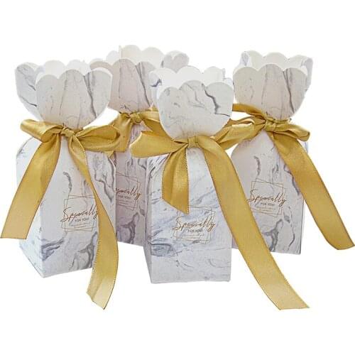 New 50 Pcs Candy Boxes Wedding Birthday Party Favor Gift Box with 50 Pcs Golden Ribbons Decoration