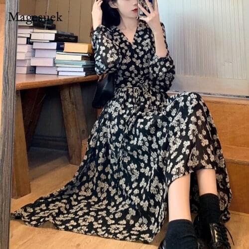 New Summer Dress V-Neck Floral Print Long Sleeve Woman Party Dress 2021 Vintage Plus Size Spring Vestido Sexy Long Dress 13492