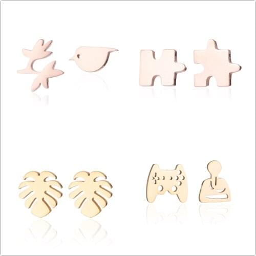 Oly2u Children Birthday Jewelry Gift Cute Little Bird Puzzle Earings Stainless Steel Beach Palm Leaf Game Pad Earrings Aretes