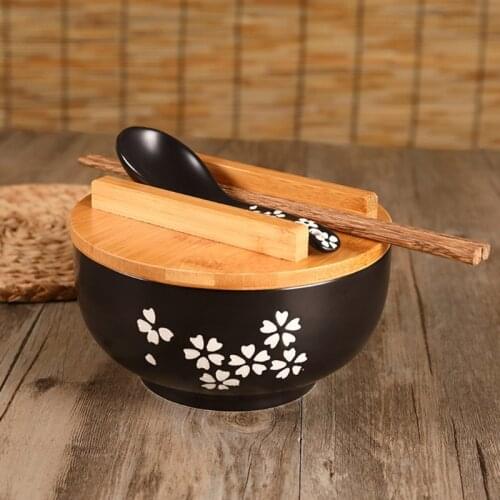 Japanese Style Crockery Bowl Korean Vintage Noodles Rice Bowls Ceramic Instant Noodle Bowl Chopsticks Lid Spoon Pad Kitchen