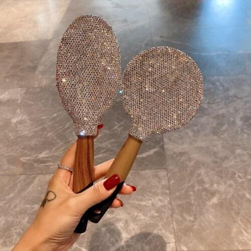 Rhinestone Dressing Table Airbag Hair Care Comb Wood Round Handle Dressing Mirror Diamond Makeup Organize Girls Birthday Gifts