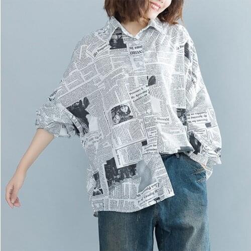 2019 Korean Fashion Vogue Shirt Newspaper Print Shirt Batwing Sleeve Harajuku Vintage Blouses Stylish China Clothing Top TA1643