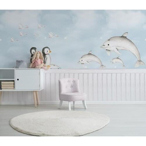 CJSIR Nordic Minimalist Mediterranean Whale Penguin Papel Mural Wallpaper Childrens Room Background Wall Papers Home Decor