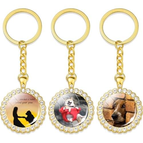 Pet Dog Gold Plated Keychain With Rhinestone Glass Cabochon Jewelry Crystal Pendant Keychains Keyring Dogs lovers Best Gift