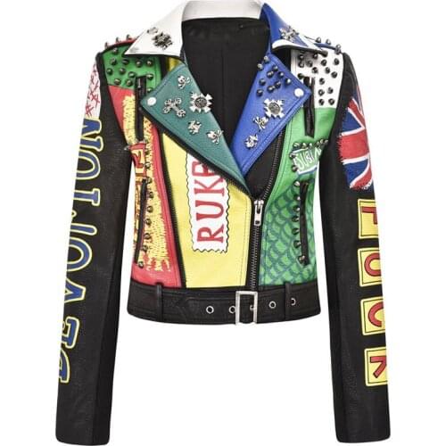 Spring Club Style Leather Jacket Women Badges and Rivet Fashion Printing Streetwear Short Motorcycle Jackets and Coat