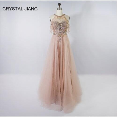 Vestidos de fiesta de noche 2020 Evening Dresses Long Delicate Beaded Prom Gown Sleeveless Halter A Line Dusty Pink Formal Dress