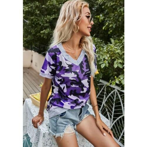 Womens Digital Camouflage Printed T-Shirt Tops 2021 New Fashion personalized Casual Summer Sexy V-Neck Short-sleeved T Shirt