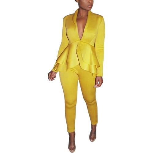 Women Blazer Suit Solid Color Outfits Long Sleeve V-neck Layered Ruffle Hem Tops Ankle-length Pants Formal Suit Womens Clothing