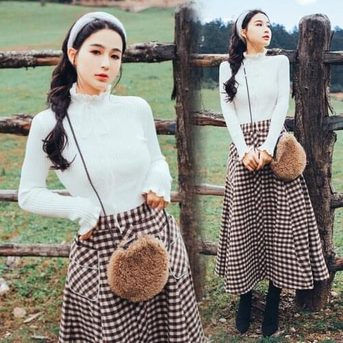 White Sweater + plaid Skirt Women Two Piece Sets 2019 Elegant Vintage Knit Pullover Top Female Long Sleeve Suits Korean Clothes