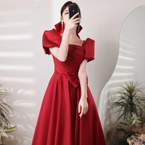 Elegant Square Collar Puff Sleeve Bow Decoration A-Line Evening Dress Cheongsam Back Bandage Prom Fomail Gown Vestidos De Noche