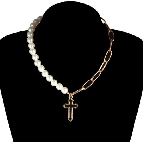 Punk Hollow Cross Pendant Necklaces for Women Gold Color Imitation Pearls Choker Clavicle Chain Fashion Jewelry Necklace Female