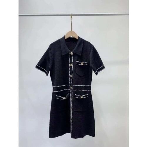 Women Metal Button Knit Mini Dress Early Autumn Single Breasted Turn-Down Collar Ladies Short-Sleeved A-Line Robe