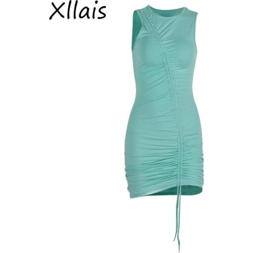 XLLAIS Knitting Lace Up Tank Dresses Women Ruched Tight Bodycon Slim Cute Vestidos Ladies Casual Moisture Wicking Clothes