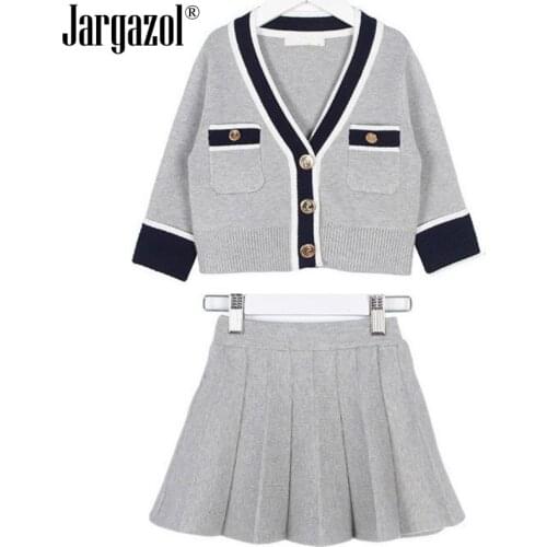 Winter Girls Sweater Clothes Set Grey Color Kids Girls Long Sleeve Cardigan with Skirt for Kids Girl Outfits Clothing Suit