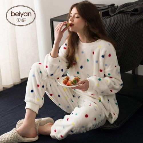 Winter Coral Fleece Pajamas Female Outside Warm Household Thick Flannel Suit