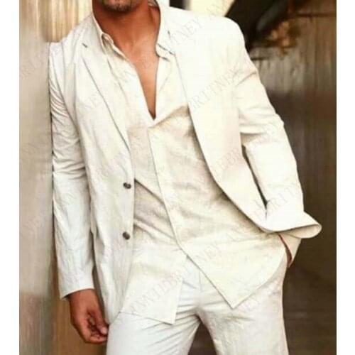 ANNIEBRITNEY Linen Ivory Summer Men Suits Wedding Suits for Men Classic Beach Tuxedo Casual Jacket Pants Custom Big Size Suits