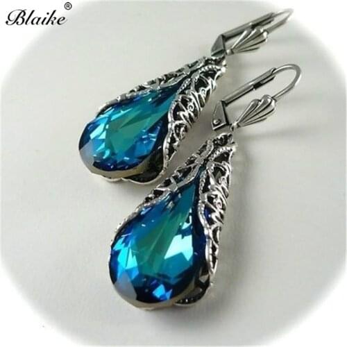 Blaike Vintage Ethnic Natural Blue Rhinestone Hoop Earrings For Women Silver Color Wedding Engagement Earring Jewelry Gifts