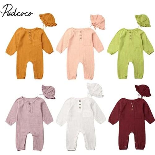 2019 Baby Spring Autumn Clothing Newborn Infant Baby Girls Cotton and Linen Pocket Romper + Hat Winter Long Sleeve Solid Clothes