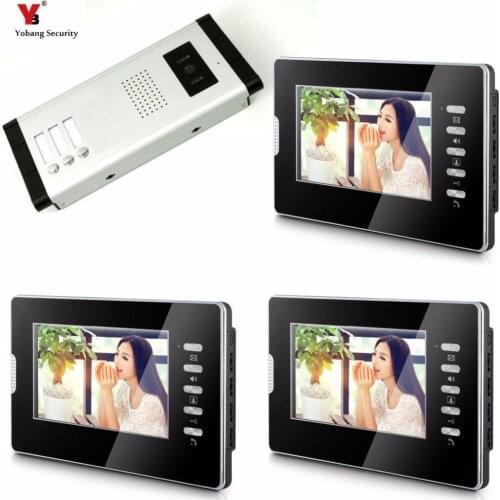 Yobang Security Apartment Intercom Entry 3 Monitor Wired 7" Color button Video Door Phone intercom System for 3 house