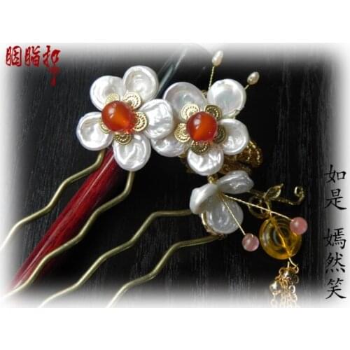 Pearl agate gold plated peach blossom Yan Ran Xiao Hair Comb Classical Hanfu Accessory Hair Stick handmade hair accessory
