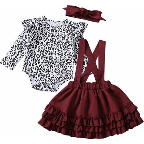 3PCS Newborn Toddler Baby Girl Clothes Leopard Rompers Suspender Dress Skirt Outfit Spring Autumn Long Sleeve Ruffles Set