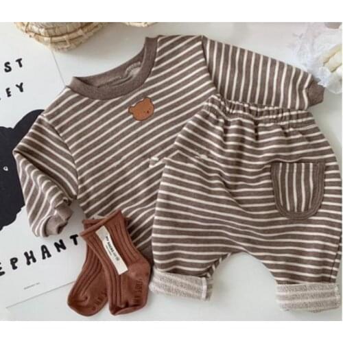 Toddler Kids Baby Boys Girls Clothes Set Baby Long Sleeve Cartoon Bear Sweatshirt Tops Pants Outfits Set Newborn Stripe Clothing
