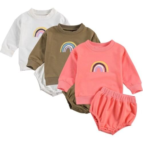 2Pcs Newborn Infant Baby Boy Girl Autumn Clothing Set Long Sleeve Rainbow Printed Top Solid Shorts Outfit 0-24M