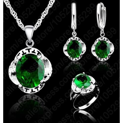 Real Crystal Wedding Jewelry Set 925 Sterling Silver Triangle Geometric Jewelry Sets,Pendant Necklace/Earrings/Ring